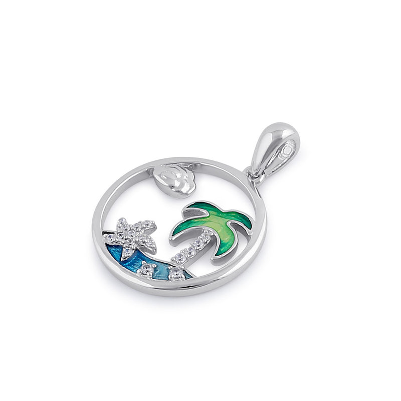 Sterling Silver Clear CZ Enamel Sea Pendant