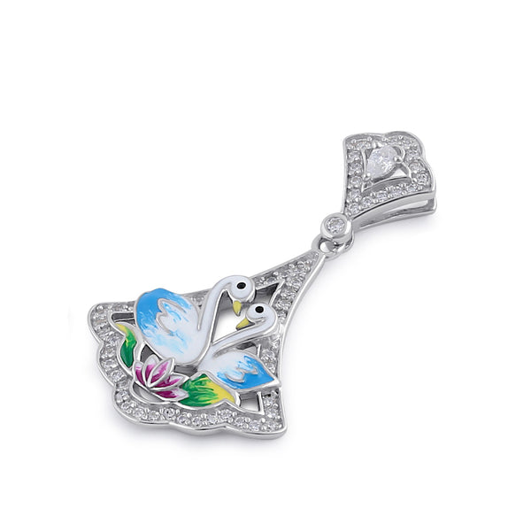 Sterling Silver Clear CZ Enamel Swans Pendant