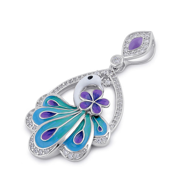 Sterling Silver Clear CZ Enamel Peacock Pendant