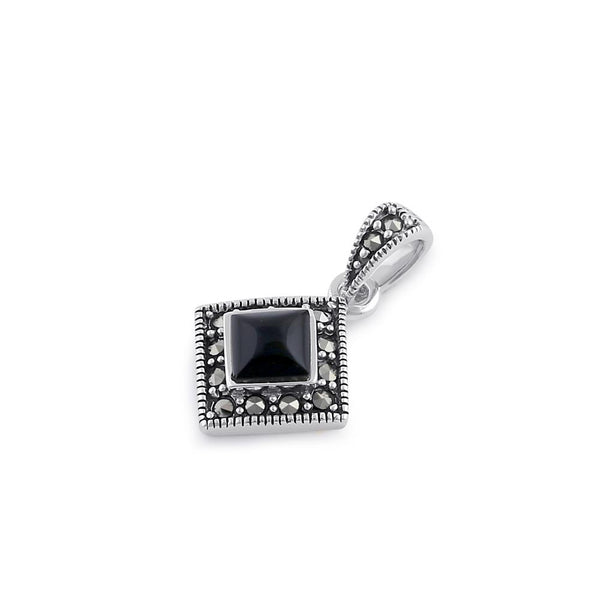 Sterling Silver Onyx Diamond Marcasite Pendant