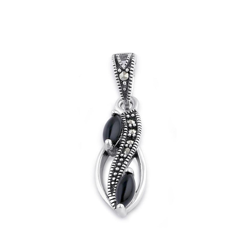 Sterling Silver Onyx Leaf Design Marcasite Pendant