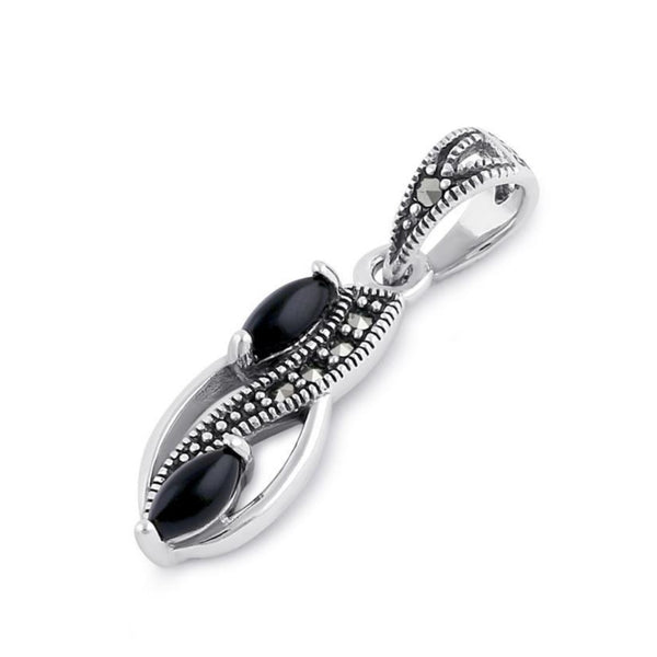 Sterling Silver Onyx Leaf Design Marcasite Pendant