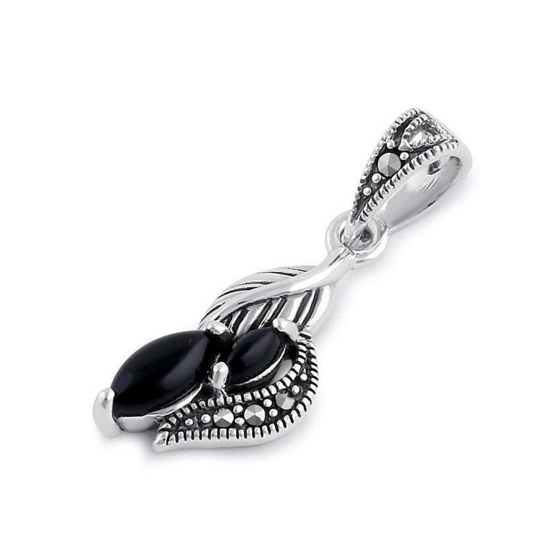 Sterling Silver Onyx Leafy Marcasite Pendant