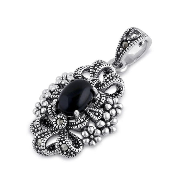 Sterling Silver Onyx Ribbon Floral Marcasite Pendant