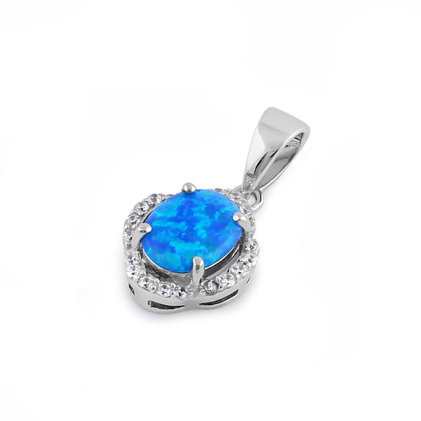 Sterling Silver Elegant Blue Lab Opal Oval Halo Pendant