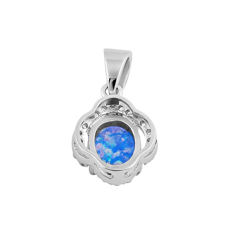 Sterling Silver Elegant Blue Lavender Lab Opal Oval Halo Pendant