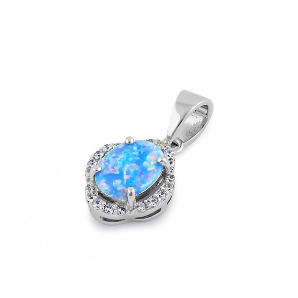 Sterling Silver Elegant Blue Lavender Lab Opal Oval Halo Pendant