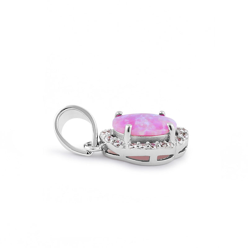 Sterling Silver Elegant Pink Lab Opal Oval Halo Pendant
