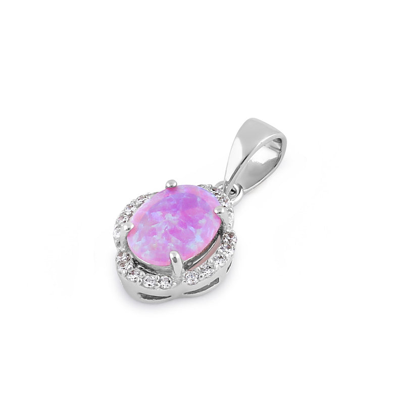 Sterling Silver Elegant Pink Lab Opal Oval Halo Pendant