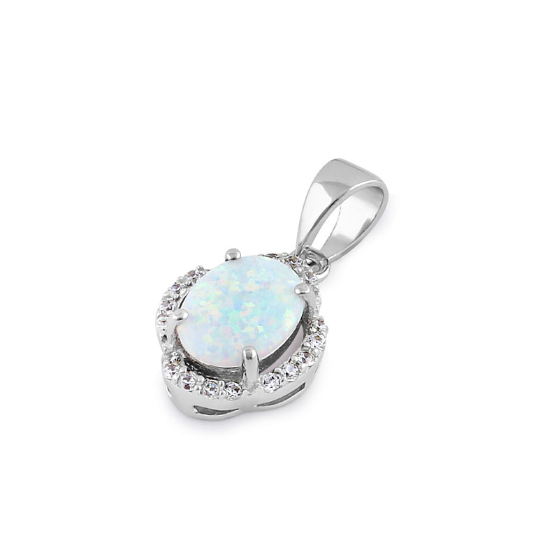 Sterling Silver Elegant White Lab Opal Oval Halo Pendant