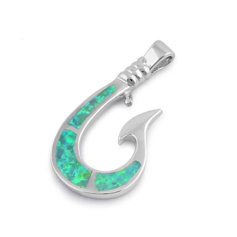 Sterling Silver Green Lab Opal Maui Fish Hook Pendant