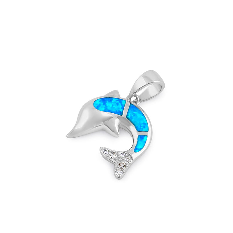 Sterling Silver Blue Lab Opal Dolphin CZ Pendant