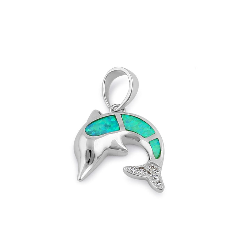 Sterling Silver Green Lab Opal Dolphin CZ Pendant