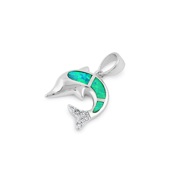 Sterling Silver Green Lab Opal Dolphin CZ Pendant