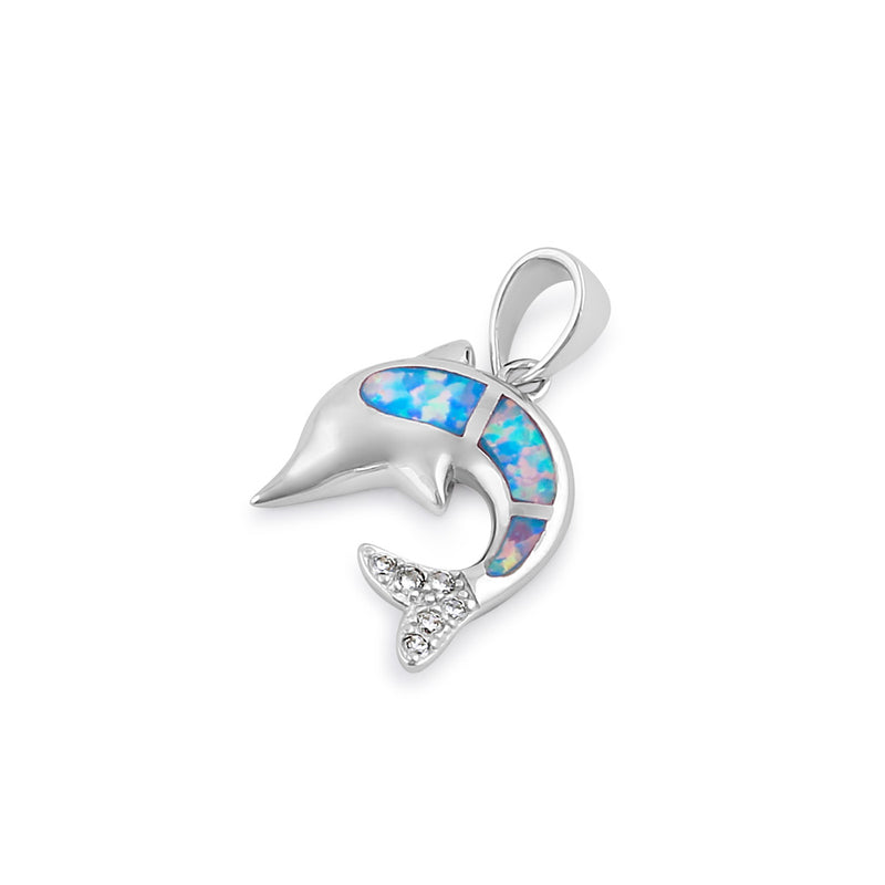 Sterling Silver Blue Lavender Lab Opal Dolphin CZ Pendant