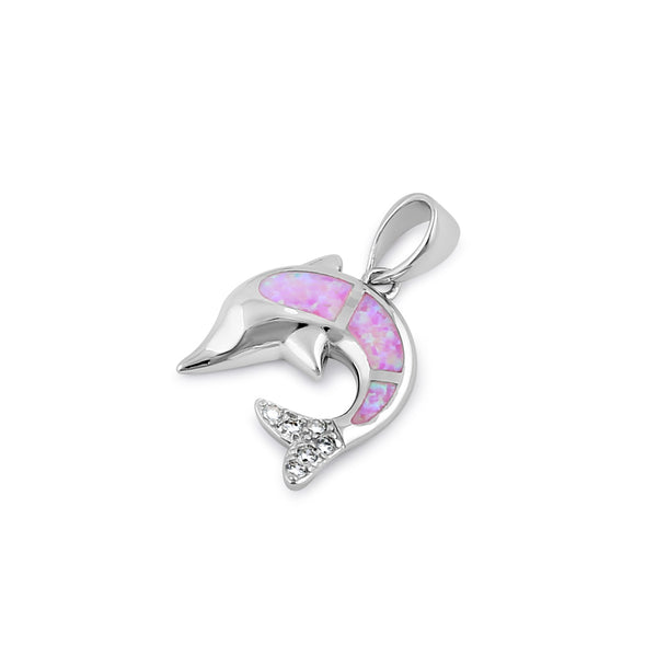 Sterling Silver Pink Lab Opal Dolphin CZ Pendant