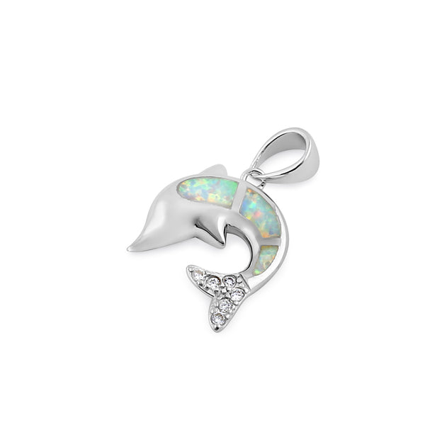 Sterling Silver White Lab Opal Dolphin CZ Pendant