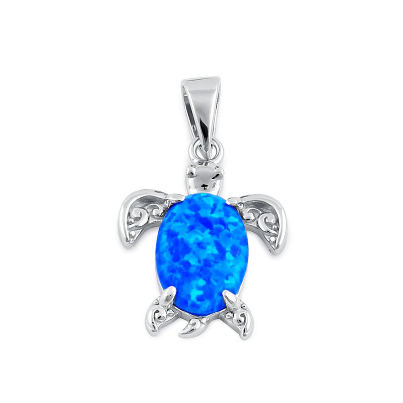 Sterling Silver Blue Lab Opal Filigree Sea Turtle Pendant