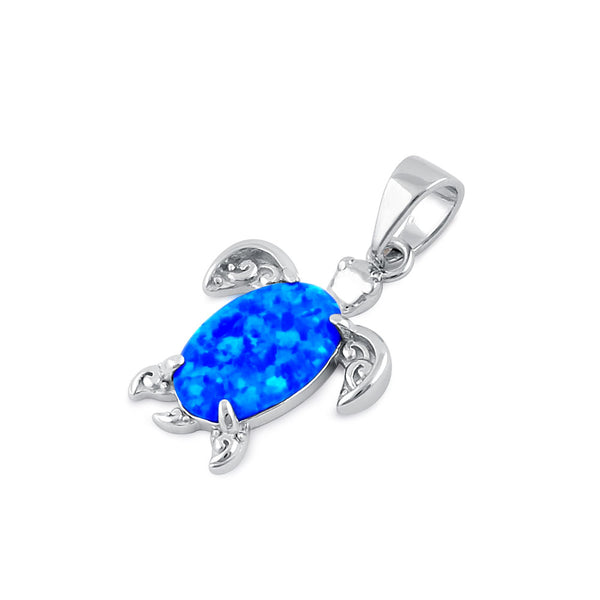 Sterling Silver Blue Lab Opal Filigree Sea Turtle Pendant