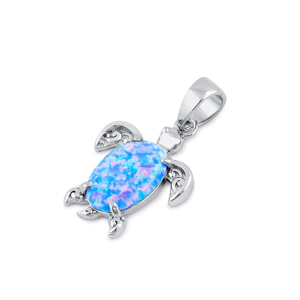 Sterling Silver Blue Lavender Lab Opal Filigree Sea Turtle Pendant