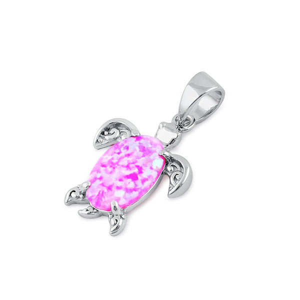 Sterling Silver Pink Lab Opal Filigree Sea Turtle Pendant