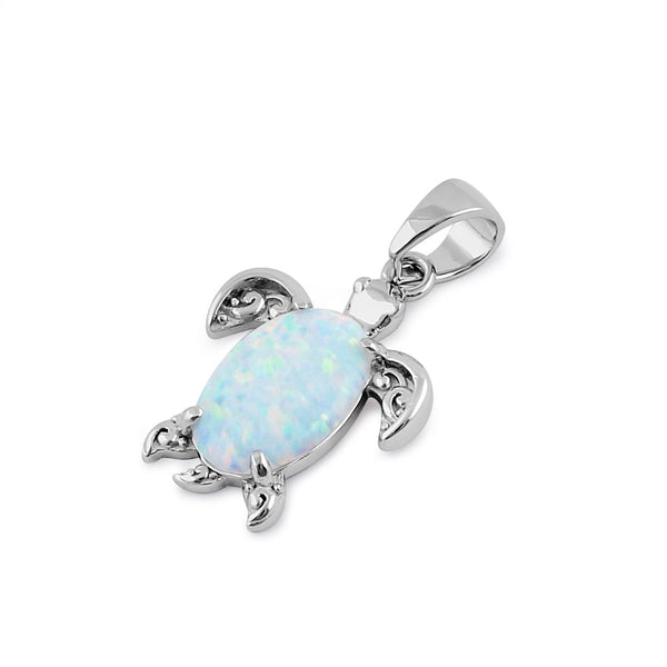 Sterling Silver White Lab Opal Filigree Sea Turtle Pendant