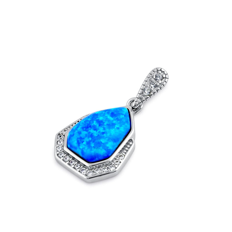 Sterling Silver Elegant Blue Lab Opal & Clear CZ Heptagon Pendant