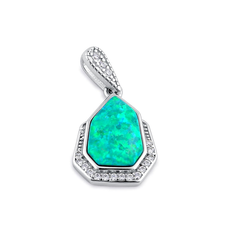 Sterling Silver Elegant Green Lab Opal & Clear CZ Heptagon Pendant