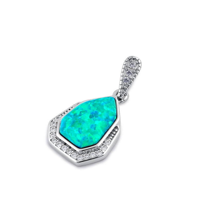 Sterling Silver Elegant Green Lab Opal & Clear CZ Heptagon Pendant