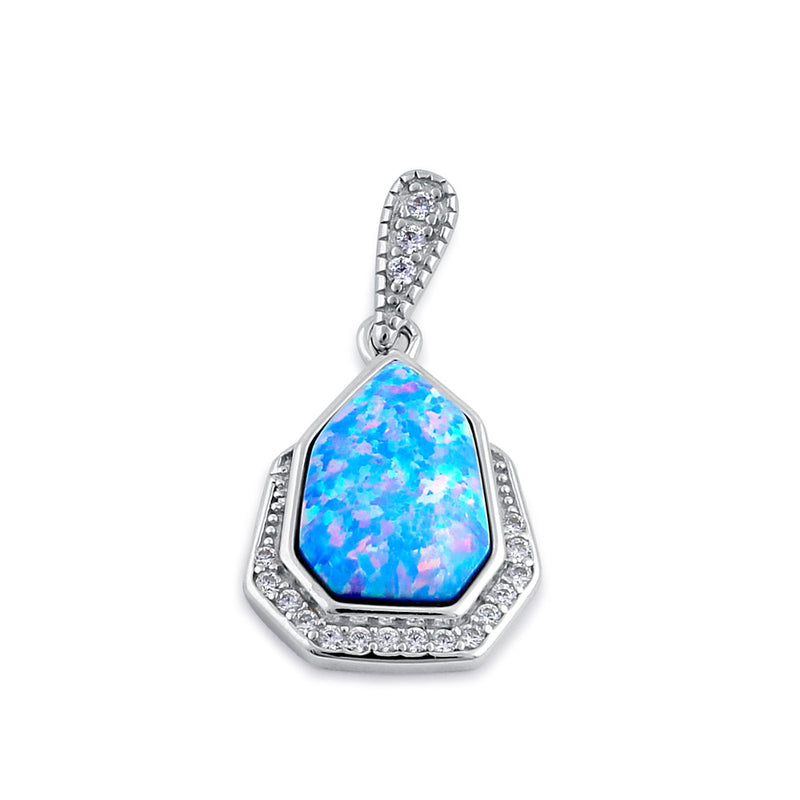 Sterling Silver Elegant Blue Lavender Lab Opal & Clear CZ Heptagon Pendant