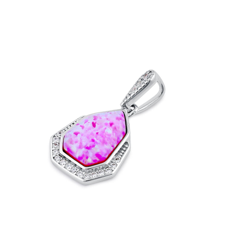 Sterling Silver Elegant Pink Lab Opal & Clear CZ Heptagon Pendant