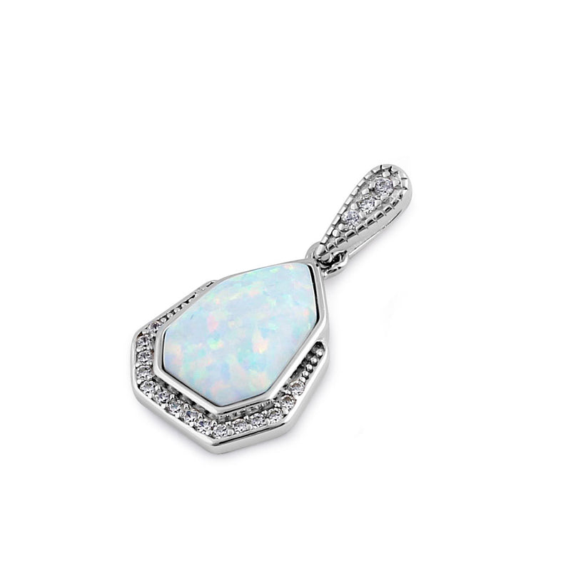 Sterling Silver Elegant White Lab Opal & Clear CZ Heptagon Pendant