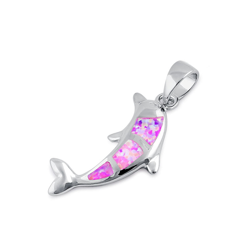 Sterling Silver Pink Lab Opal Bottlenose Dolphin Pendant