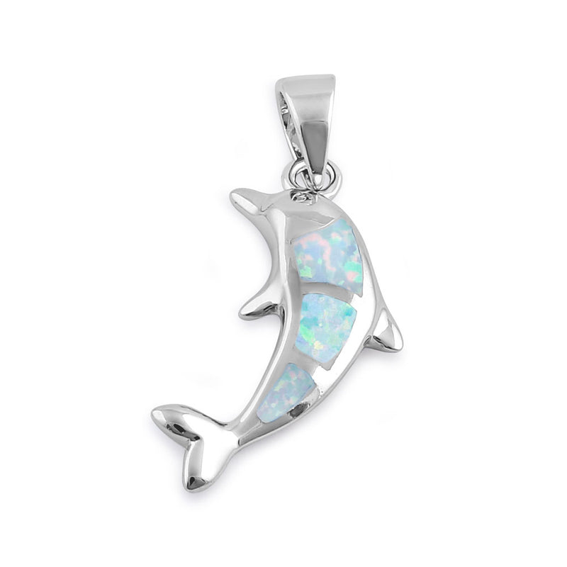 Sterling Silver White Lab Opal Bottlenose Dolphin Pendant