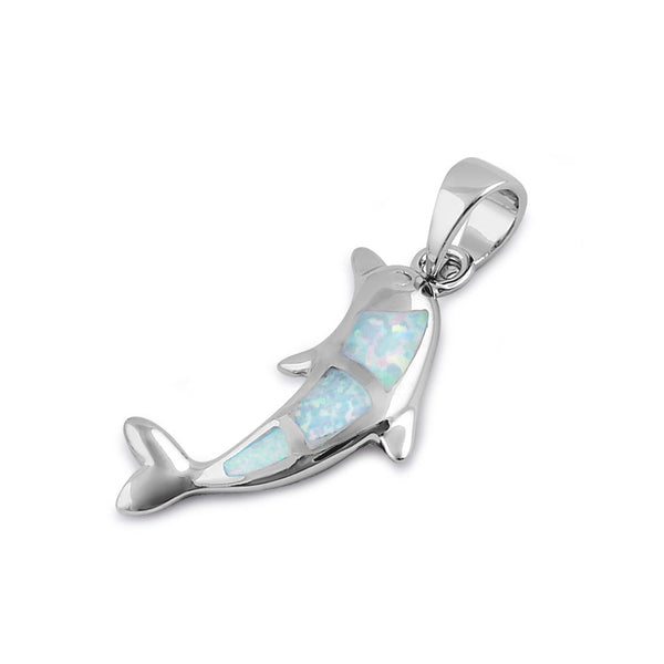 Sterling Silver White Lab Opal Bottlenose Dolphin Pendant