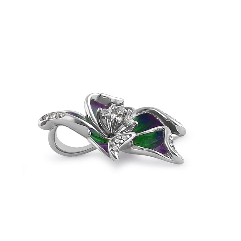 Sterling Silver Hand-Painted Hawaian Flower Purple Green with Clear CZ Pendant