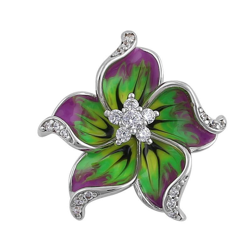 Sterling Silver Hand-Painted Hawaian Flower Magenta Lime with  Clear CZ Pendant