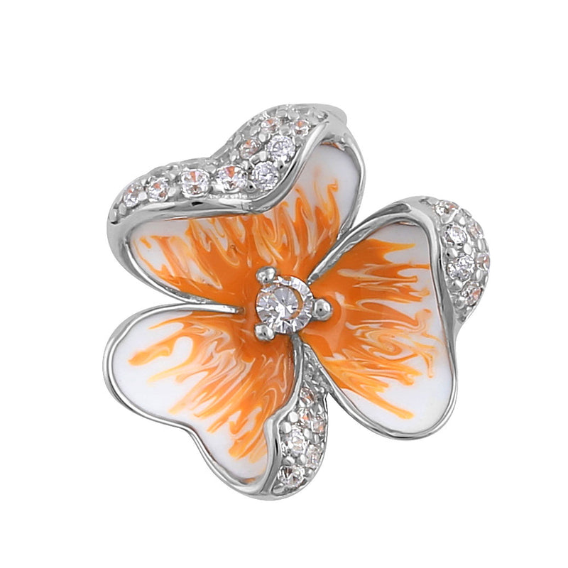 Sterling Silver Hand-Painted Hawaiian Peach  Flower with Clear CZ Pendant