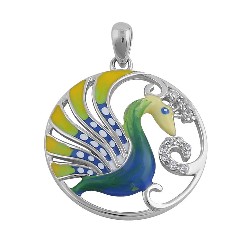 Sterling Silver Hand-Painted Exotic Peacock Multi-Colored with Clear CZ Pendant