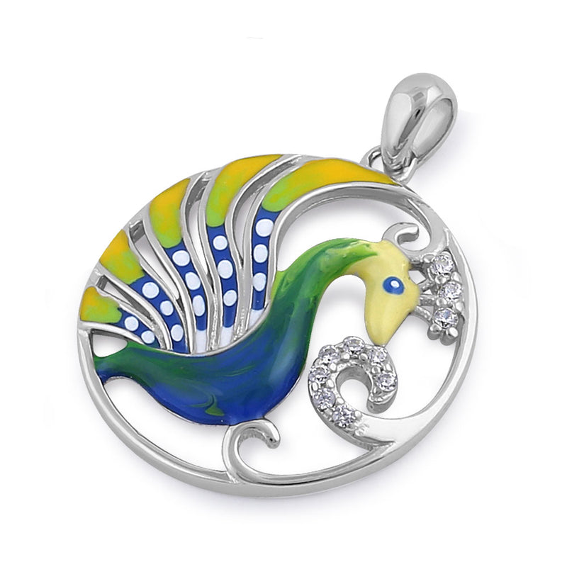 Sterling Silver Hand-Painted Exotic Peacock Multi-Colored with Clear CZ Pendant