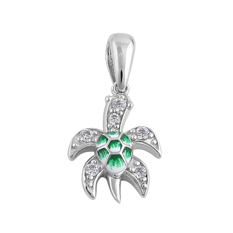 Sterling Silver Hand-Painted Small Sea Turtle with Clear CZ Pendant