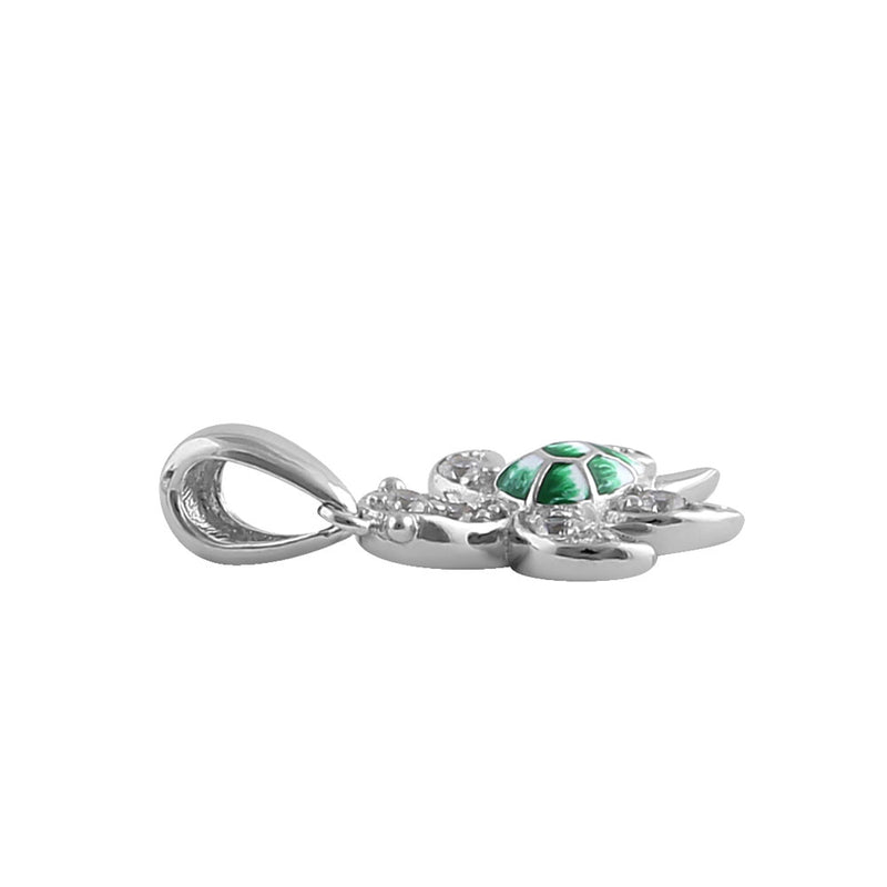 Sterling Silver Hand-Painted Small Sea Turtle with Clear CZ Pendant