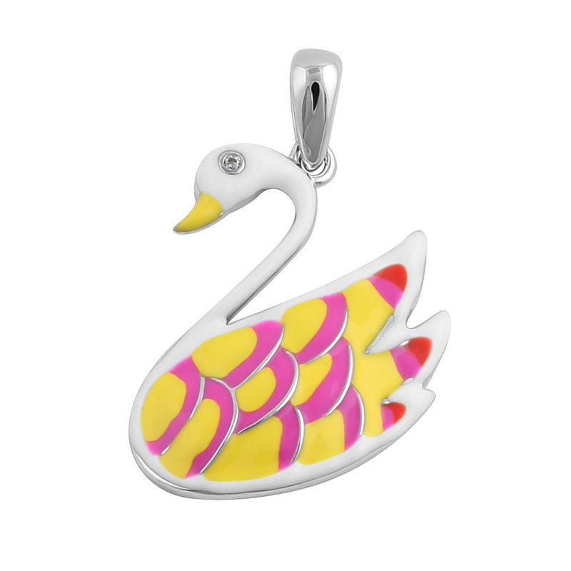 Sterling Silver Hand-Painted Funky Swan with  Clear CZ Pendant