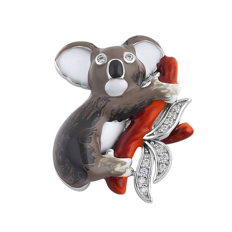 Sterling Silver Hand-Painted Realisic Koala with Clear CZ Pendant