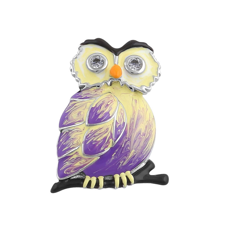 Sterling Silver Hand-Painted Modish Owl with Clear CZ Pendant