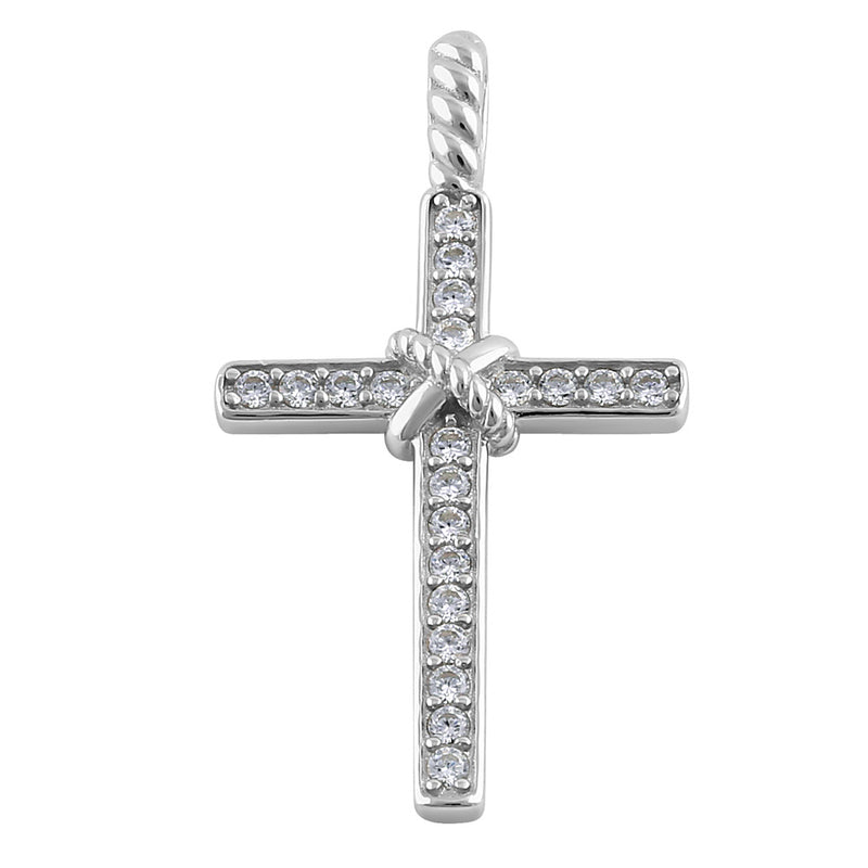 Sterling Silver Roped Cross Round Cut Clear CZ Pendant