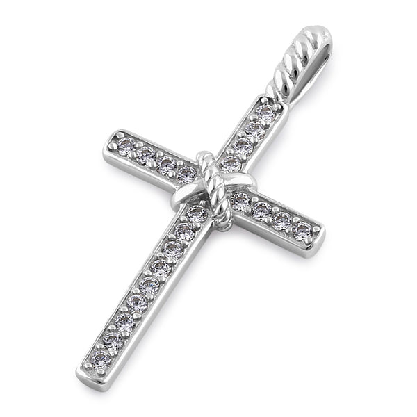 Sterling Silver Roped Cross Round Cut Clear CZ Pendant