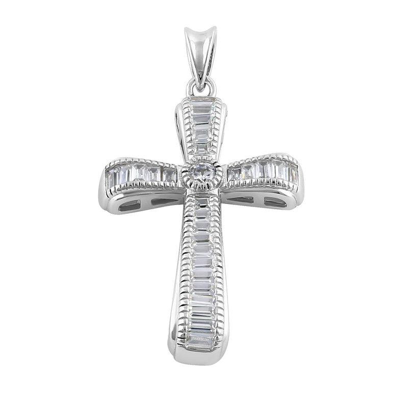 Sterling Silver Modern Cross Round and Rectangular Cut Clear CZ Pendant