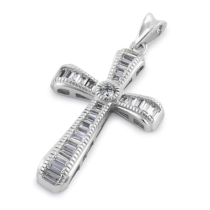 Sterling Silver Modern Cross Round and Rectangular Cut Clear CZ Pendant