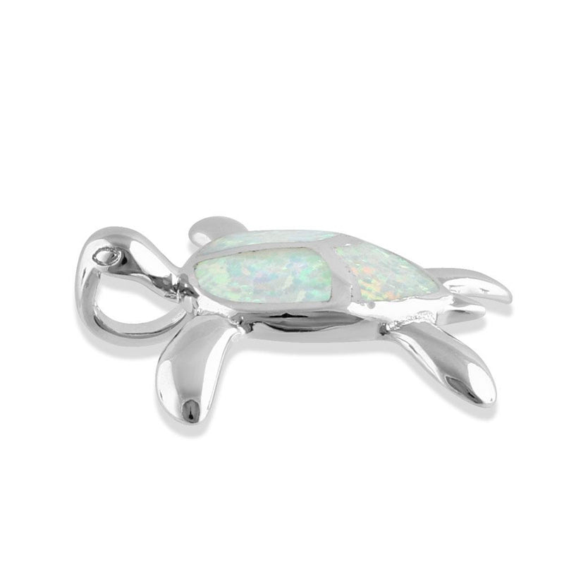 Sterling Silver White Lab Opal Turtle Pendant